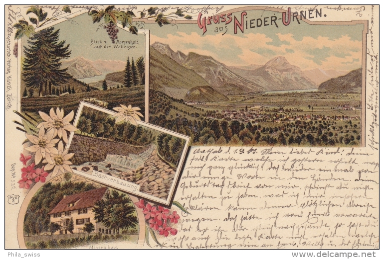 Nieder-Urnen (Niederurnen) - Farbige Litho - Wallensee, Bachverbauung, Mineralbad, Totalansicht - Niederurnen
