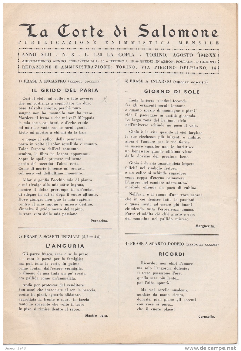 05264 "LA CORTE DI SALOMONE - PUBBLICAZIONE ENIMMISTICA MENSILE -  ANNO XLII - N. 8 - AGOSTO 1942 - XX" ORIGINALE - Spelletjes