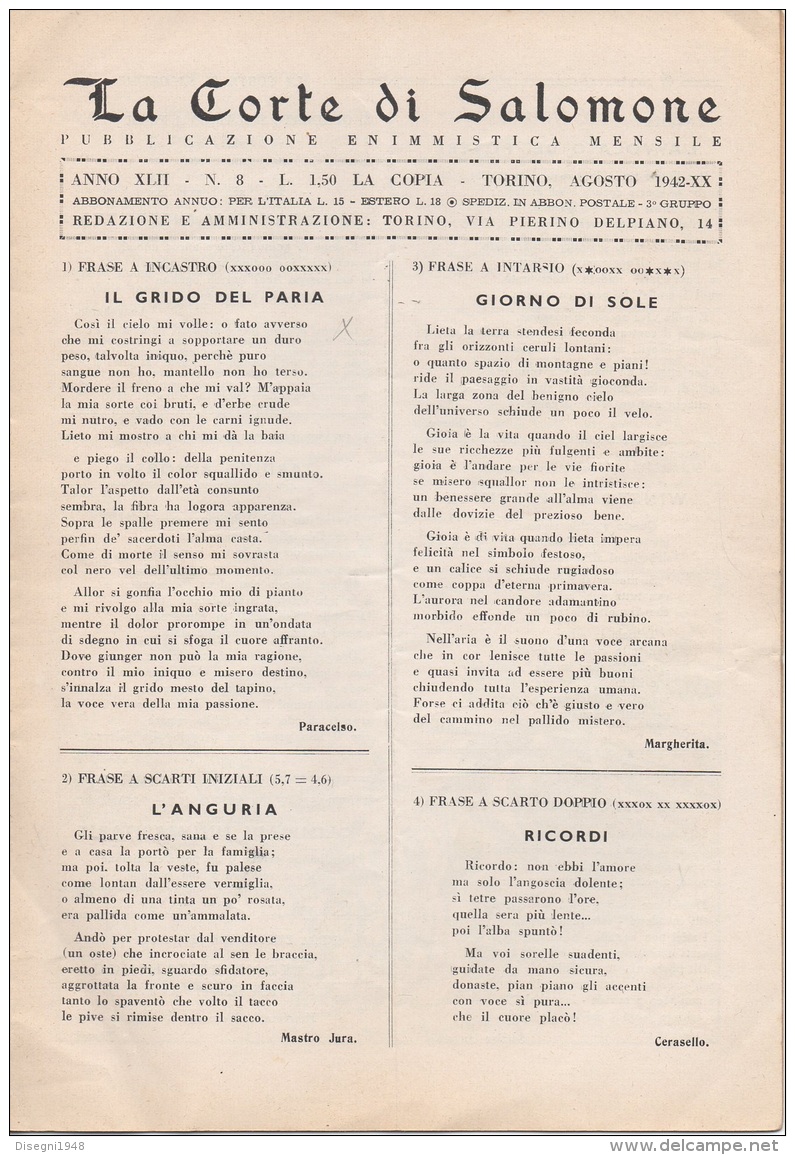 05264 "LA CORTE DI SALOMONE - PUBBLICAZIONE ENIMMISTICA MENSILE -  ANNO XLII - N. 8 - AGOSTO 1942 - XX" ORIGINALE - Juegos