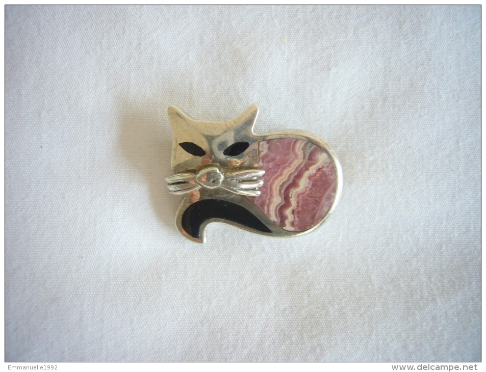 Neuf - Broche En Argent 925 En Forme De Chat Serti De Pierre Rhodoite Rose D'Argentine - Brooches