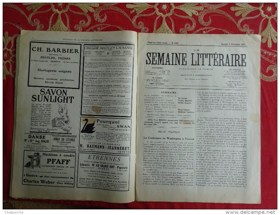 REVUE SEMAINE LITTERAIRE SAMEDI 3 DECEMBRE 1921 GENEVE SUISSE PUBLICITE PHILOSOPHIE LANGAGE PARLER ALSACIEN - Loisirs & Collections