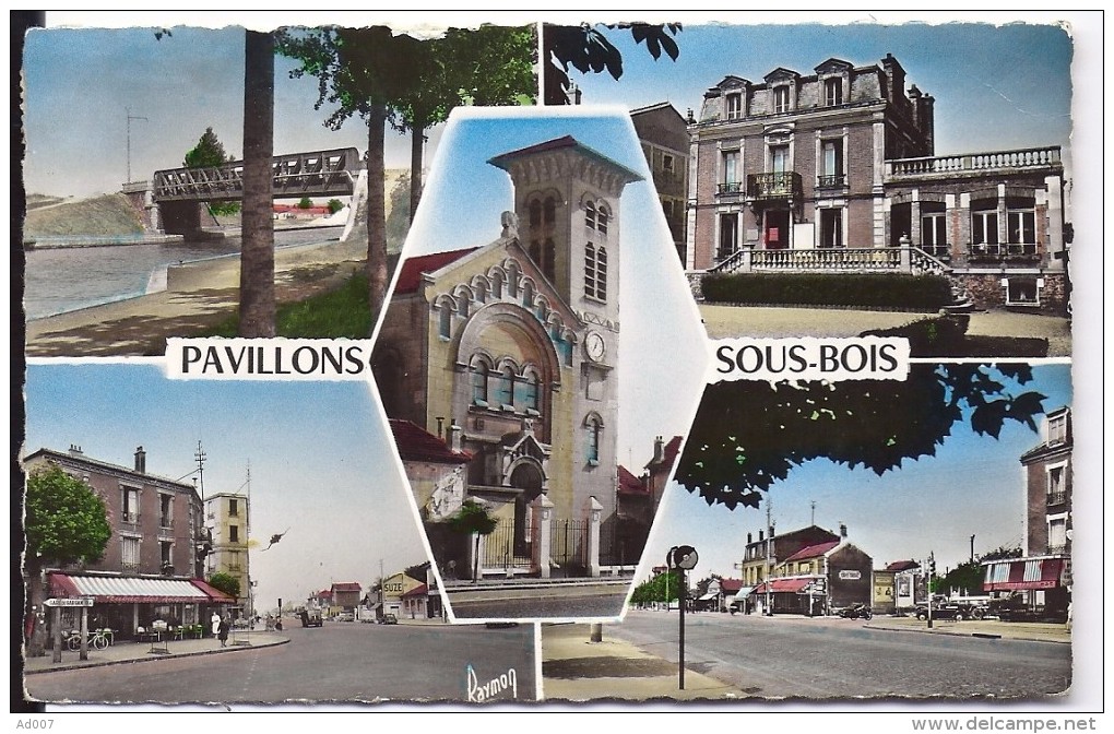 LES PAVILLONS SOUS BOIS (93) - CPSM - 5 Vues : Le Canal, La Mairie, L'Eglise, Carrefour Des Anges, La Fourche - 1962 - Les Pavillons Sous Bois