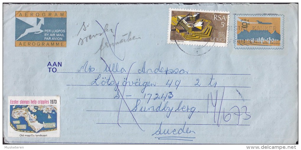 South Africa Uprated Postal Stationery Ganzsache Air Mail Aerogramme 1973 To SUNDBYBERG Sweden "Help Crippled" Vignette - Aéreo