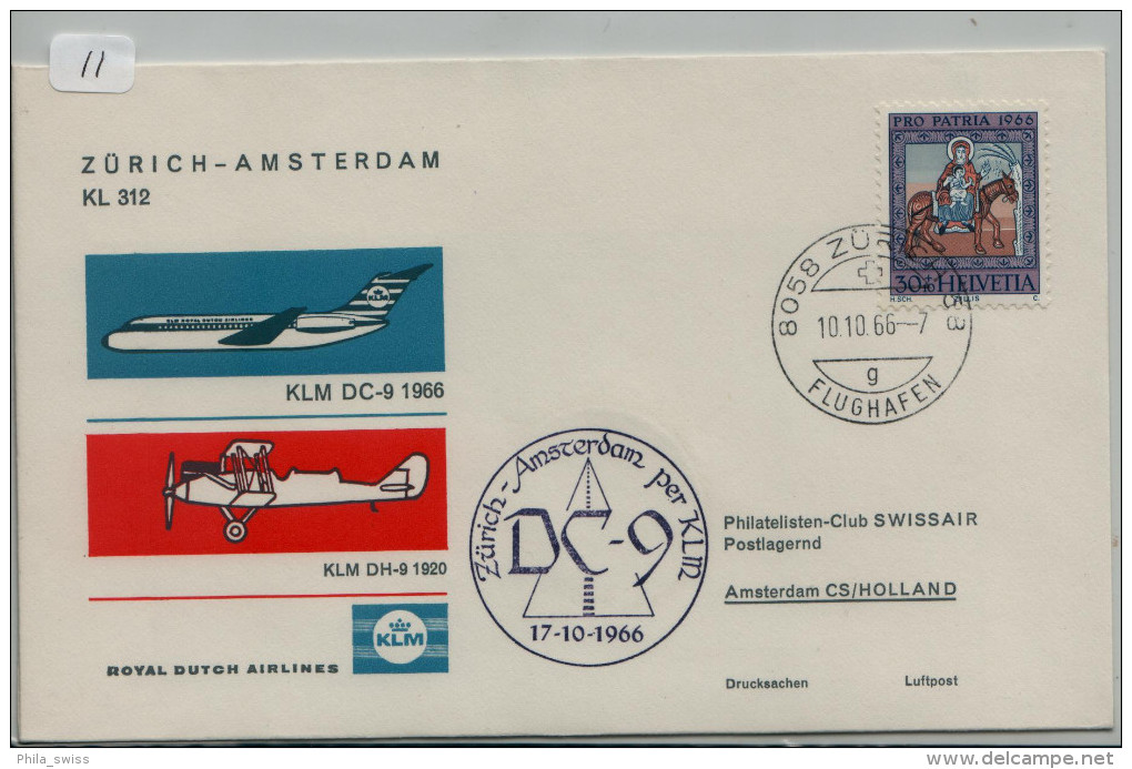 Switzerland 1966 First Flight DC-9 Zurich - Amsterdam (Holland), Cachet, B/s, Il  (11) - Erst- U. Sonderflugbriefe