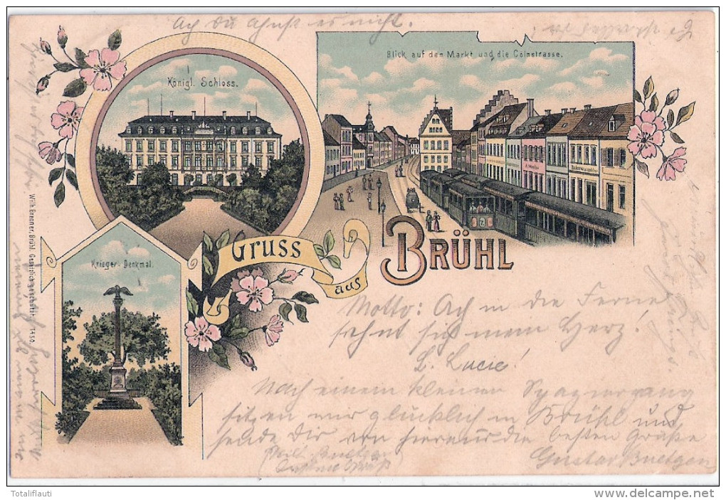 Gruss Aus BRÜHL Color Litho Straßenbahn Tram Denkmal Schloß Markt + Cölnstraße 1.5.1898 Gelaufen - Bruehl