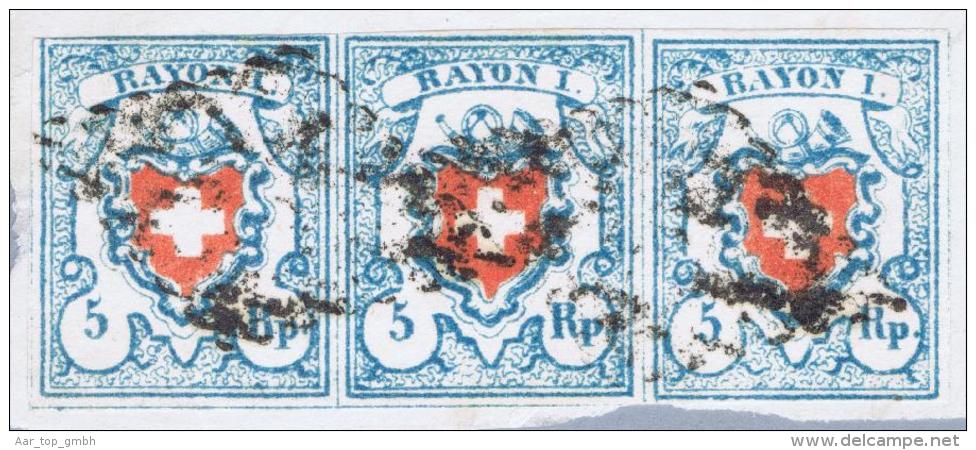 Schweiz RAYON 1853-07-29 Avenches Rayon-Bri.stk. 3-er Streifen Zu#17II Typ37-39 C2-RU - 1843-1852 Timbres Cantonaux Et  Fédéraux