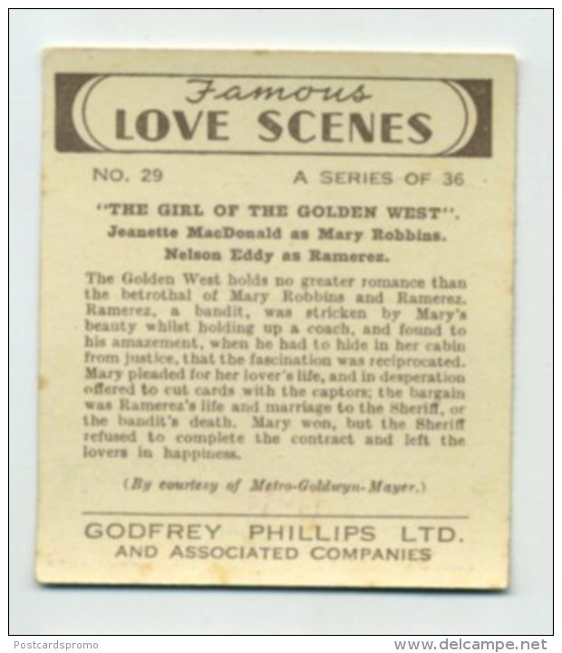 Phillips Vintage Cigarette Card  " FAMOUS LOVE SCENES "  # 29    (MINT CONDITION)   (2 Scans) (006) - Phillips / BDV