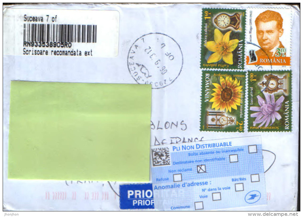 Romania,registered Letter Circulated In 2013 From Suceava In France And Return - Covers & Documents