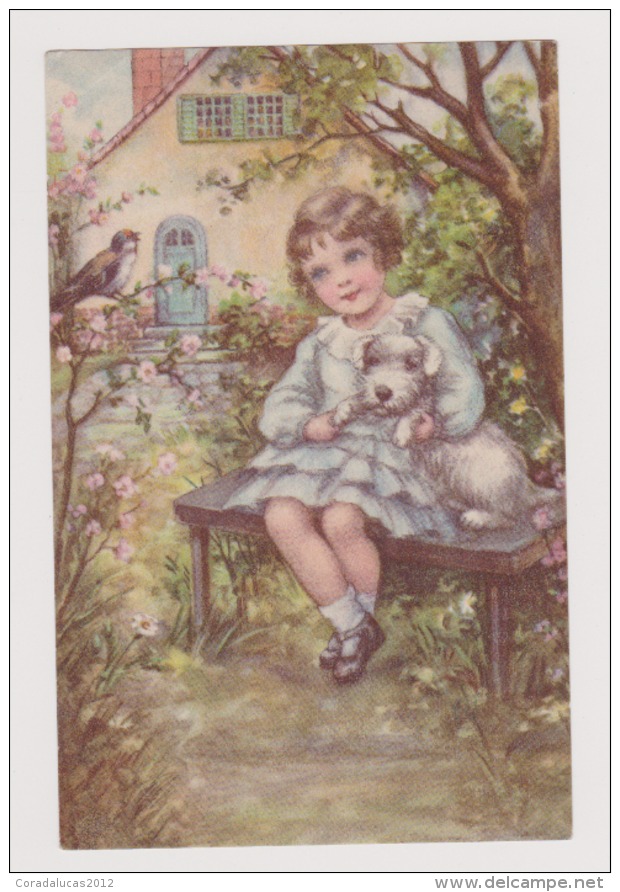 ENFANT -CHIEN-OISEAU--BANC -MAISON - Kinder