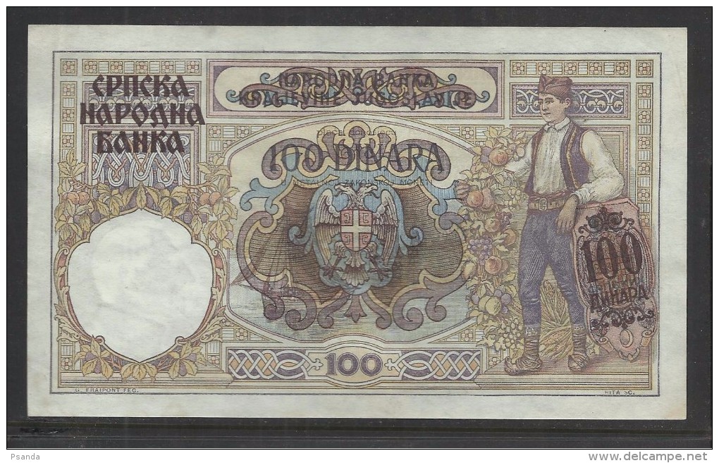 1941 German Occupation Of Serbia  - 100 Dinara Banknote - 2° Guerre Mondiale