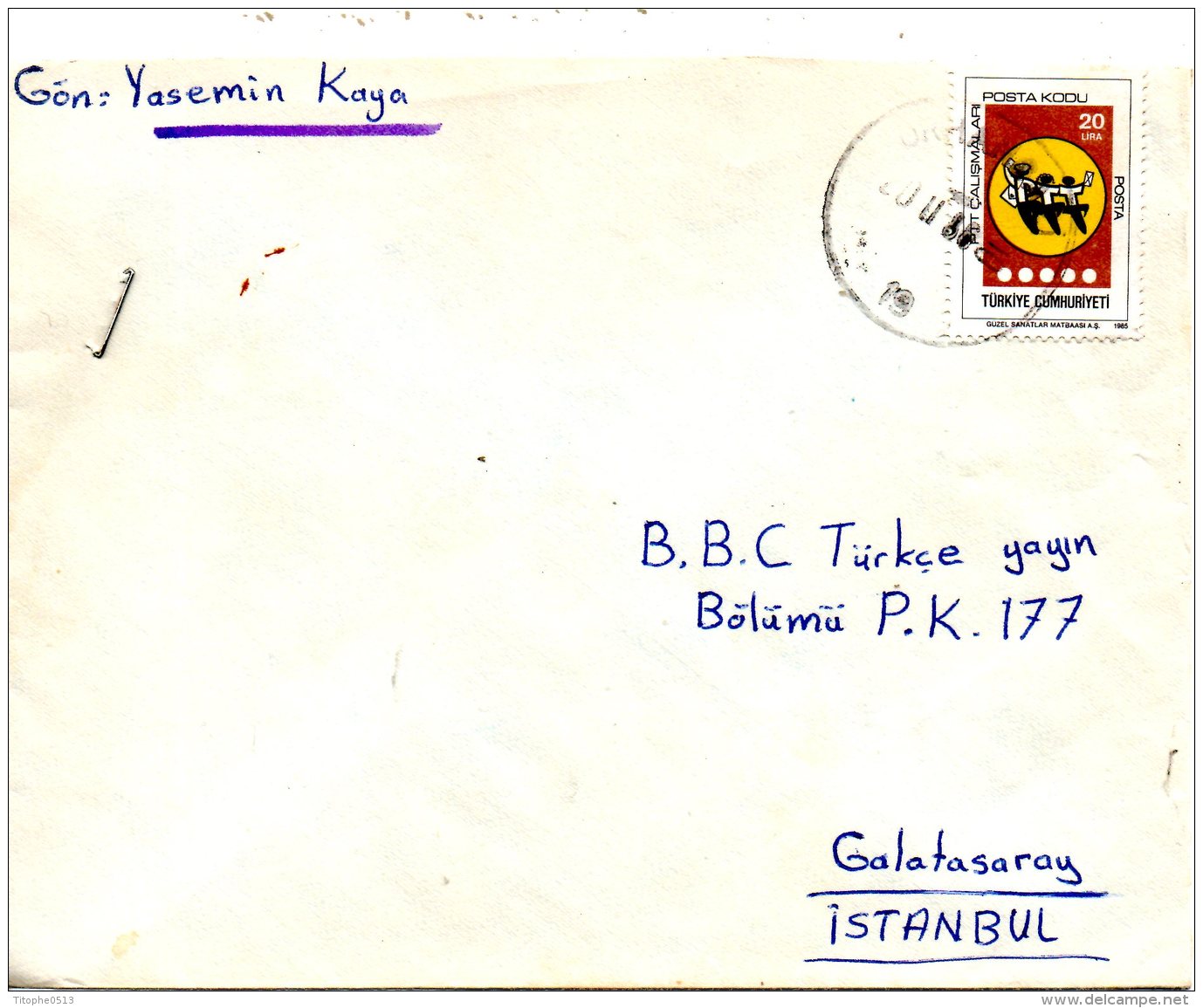 TURQUIE. N°2479 De 1985 Sur  Enveloppe Ayant Circulé. Code Postal. - Zipcode