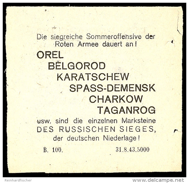 TAGANROG, Zweiseit. Flugblatt: Taganrog Befreit M.Dr.Verm.B.100.31.8.43.5000  TAGANROG, Two-sided Propaganda... - Autres & Non Classés