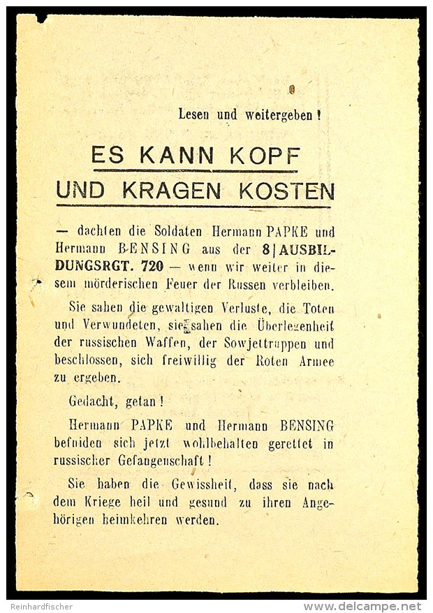 AUSBILDUNGS-Rgt. 720 8Kp., Zweiseit. Flugblatt: Es Kann Kopf Und Kragen Kosten M.Dr. Verm. B157 26.10.43.3000 ... - Autres & Non Classés