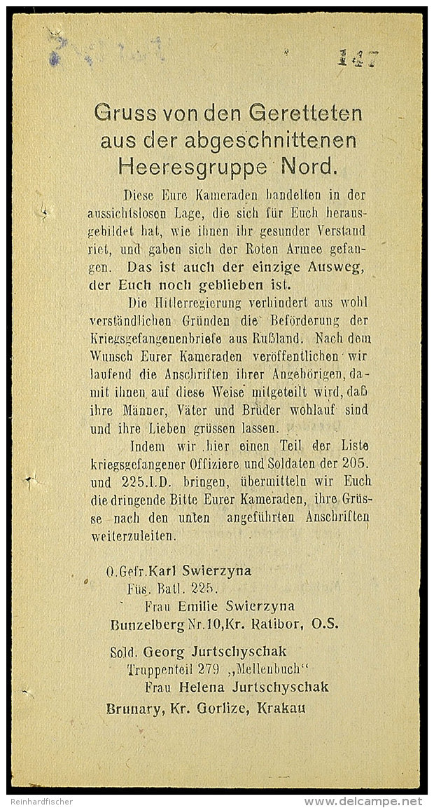 Gruss Von Den Geretteten Aus Der Abgeschnittenen Heeresgruppe Nord, Zweiseitiger Flugzettel (ca. 10,5 X 20 Cm):... - Autres & Non Classés