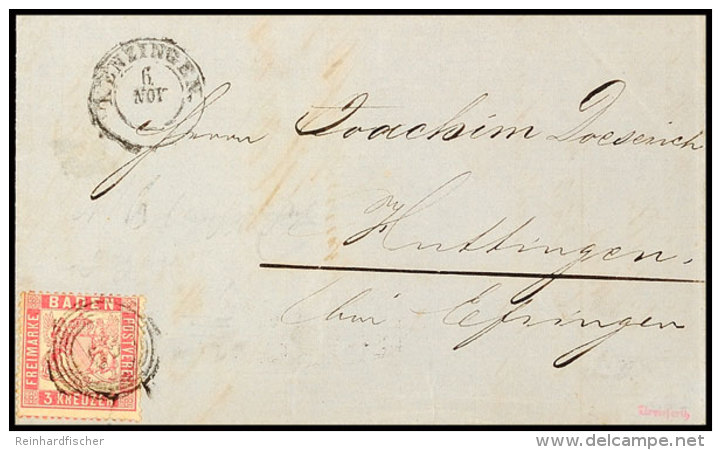 3 Kr. Rosakarmin (2 Zähne Verkürzt) Auf Brief (kleiner Einriss) Von "KENZINGEN 6 NOV 1862" Nach Huttingen... - Autres & Non Classés