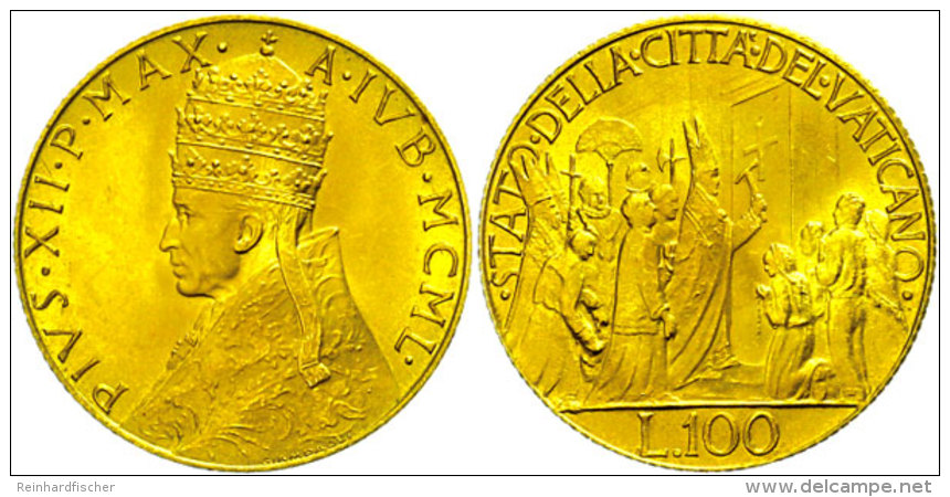 100 Lire, Gold, 1950, Pius XII., Auf Das Heilige Jahr, Fb. 289, Vz-st.  Vz-st100 Liras, Gold, 1950, Pius XII.,... - Vatican