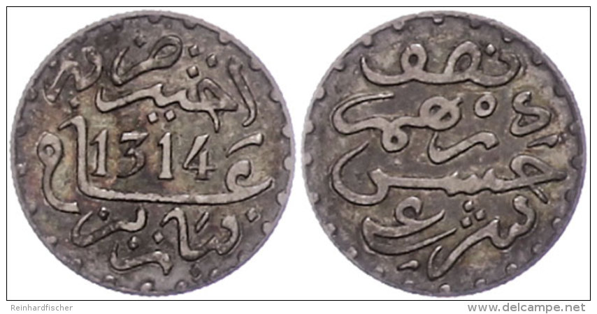 1/2 Dirham (1,43g), 1896 (AH 1314), Moulay Al-Hasan I., KM 4, Vz-st.  Vz-st1 / 2 Dirham (1, 43g), 1896... - Maroc