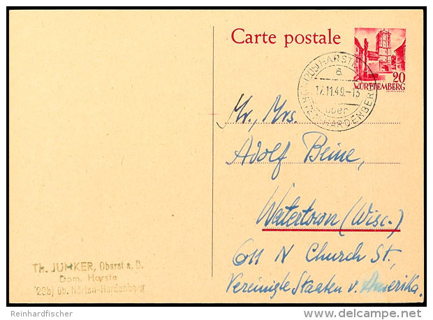 20 Pfg. Württemberg Ganzsachenkarte Gebraucht Aus HARSTEIN über NÖRTEN-HARDENBERG 12.11.49 Und Viel... - Autres & Non Classés