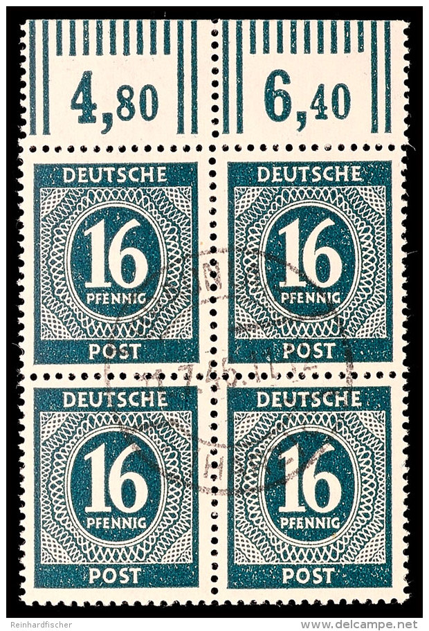 16 Pf. Ziffer Schwarzgrünlichblau, Walzendruck, Oberrand-4er-Block Gestempelt BRAUNLAGE 11.7.46, Farbsign.... - Autres & Non Classés