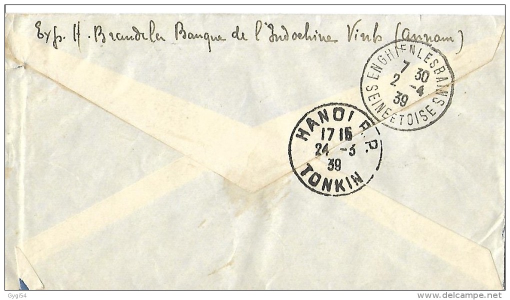 ANNAM Lettre Par Avion Du 24 Mars 1939 Départ Hanoï  Vers Enghien Arrivée 02 Avril - Lettres & Documents