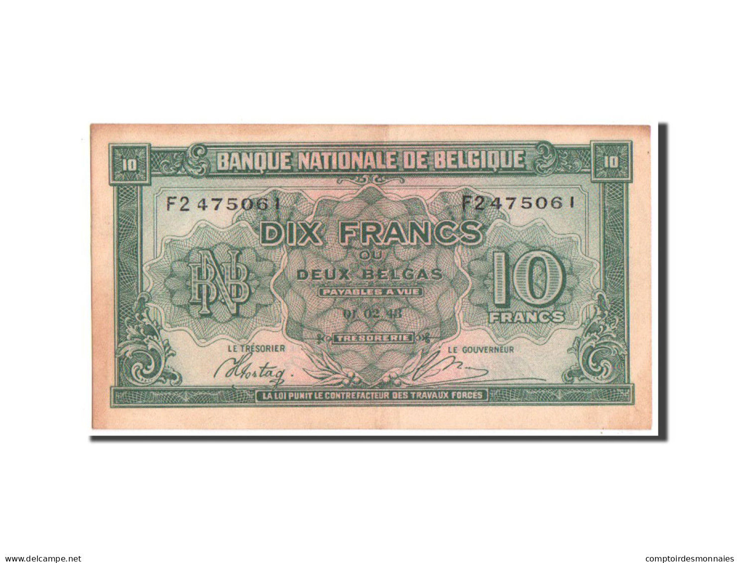 Billet, Belgique, 10 Francs-2 Belgas, 1943, 1943-02-01, KM:122, TTB - 10 Francs-2 Belgas