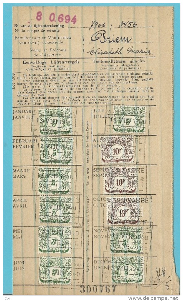 Dokument Met Zegels LIJFRENTEZEGEL / Timbres De Retraite Met Privestempel SIOEN-SABBE ROULERS 1939-40 - Documenten