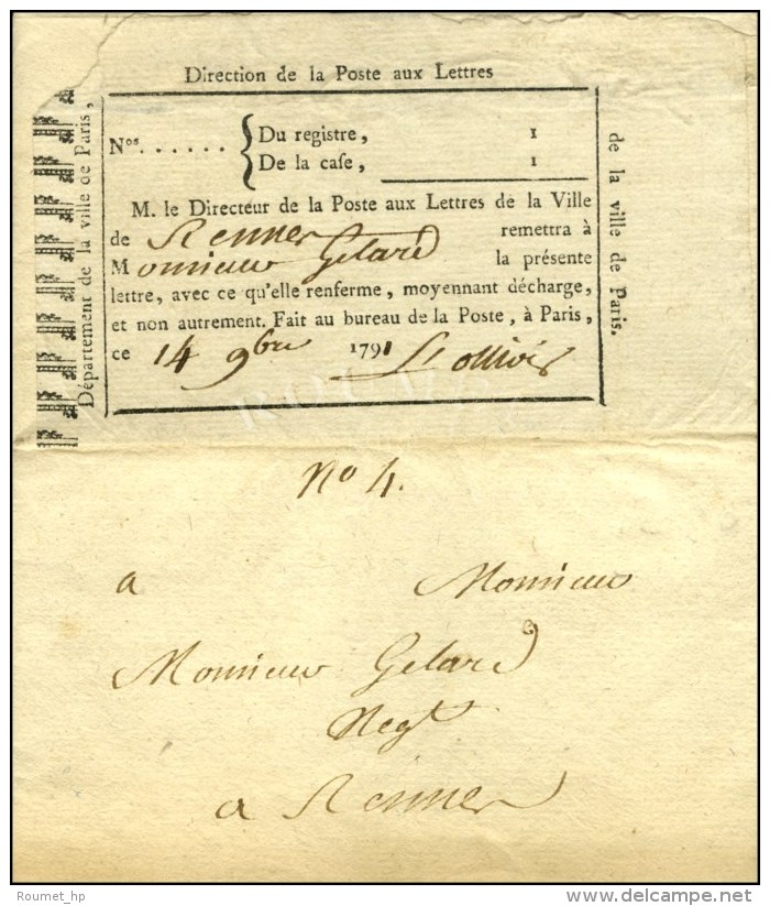 Lettre De Paris Pour Rennes, Au Verso Exceptionnelle étiquette De La Direction De La Poste Aux Lettres... - Autres & Non Classés