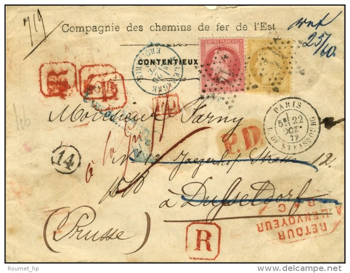 Etoile 14 / N° 32 + 59 Sur Lettre Chargée Pour Dusseldorf (Prusse), Réexpédiée... - 1863-1870 Napoléon III Lauré