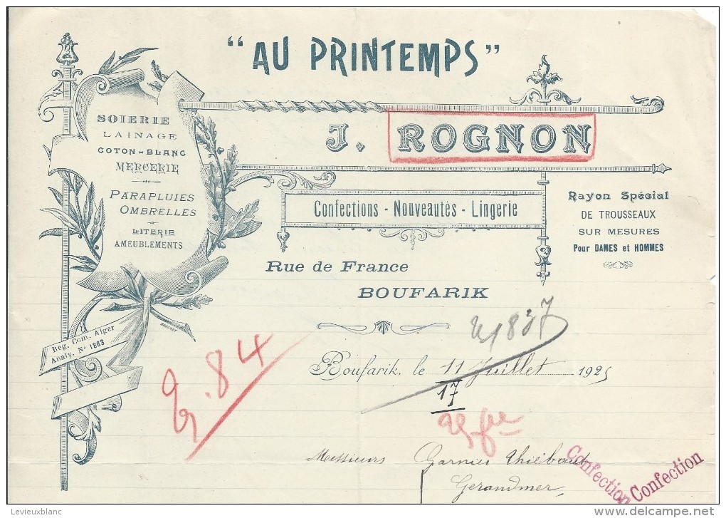 Lettre à En-tête/J Rognon/Au Printemps/Confections-Nouveautés/BOUFARIK/ALGERIE/1925      FACT175 - Textile & Clothing