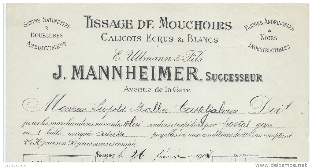 Facture/Tissage De Mouchoirs/ J Mannheimer /BELFORT/1907  FACT192 - Textile & Clothing