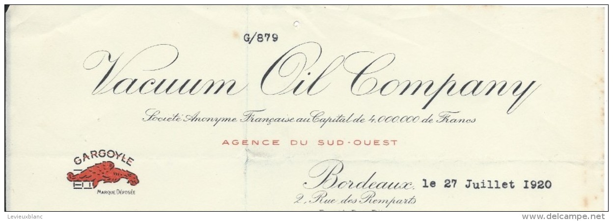 Facture/Vacuum Oil Company /Raffineries. BORDEAUX/ Gironde / 1920     FACT196 - Textile & Clothing