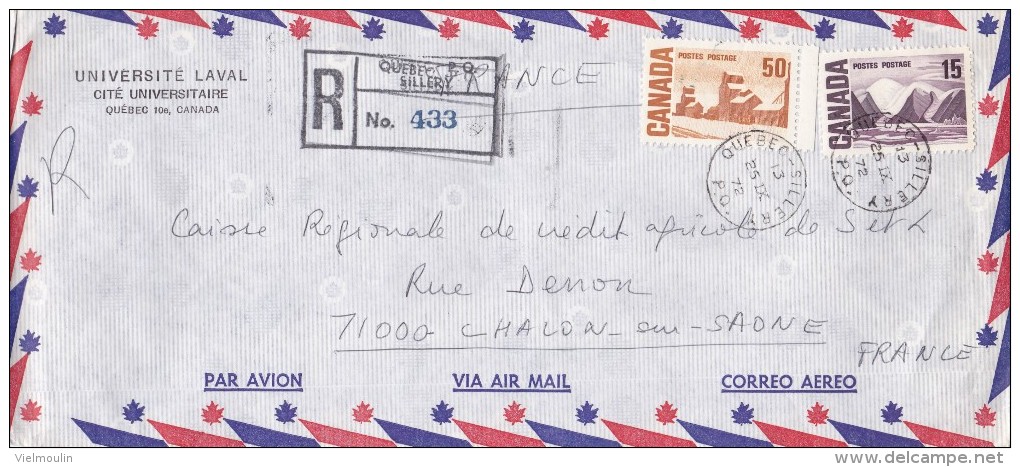 CANADA PAR AVION AIR MAIL LETTRE RECOMMANDEE N° 433 UNIVERSITE LAVAL QUEBEC - Einschreibemarken