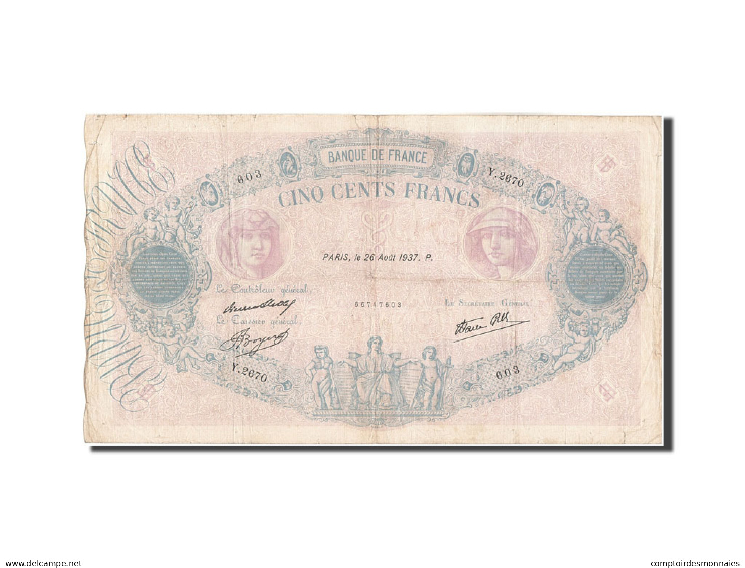 Billet, France, 500 Francs, 500 F 1888-1940 ''Bleu Et Rose'', 1937, 1937-08-26 - 500 F 1888-1940 ''Bleu Et Rose''