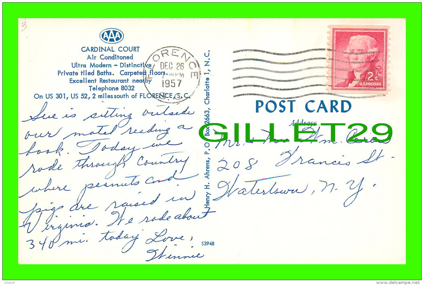 FLORENCE, SC - CARDINAL COURT - TRAVEL IN 1957 -  HENRY H. AHRENS - - Florence