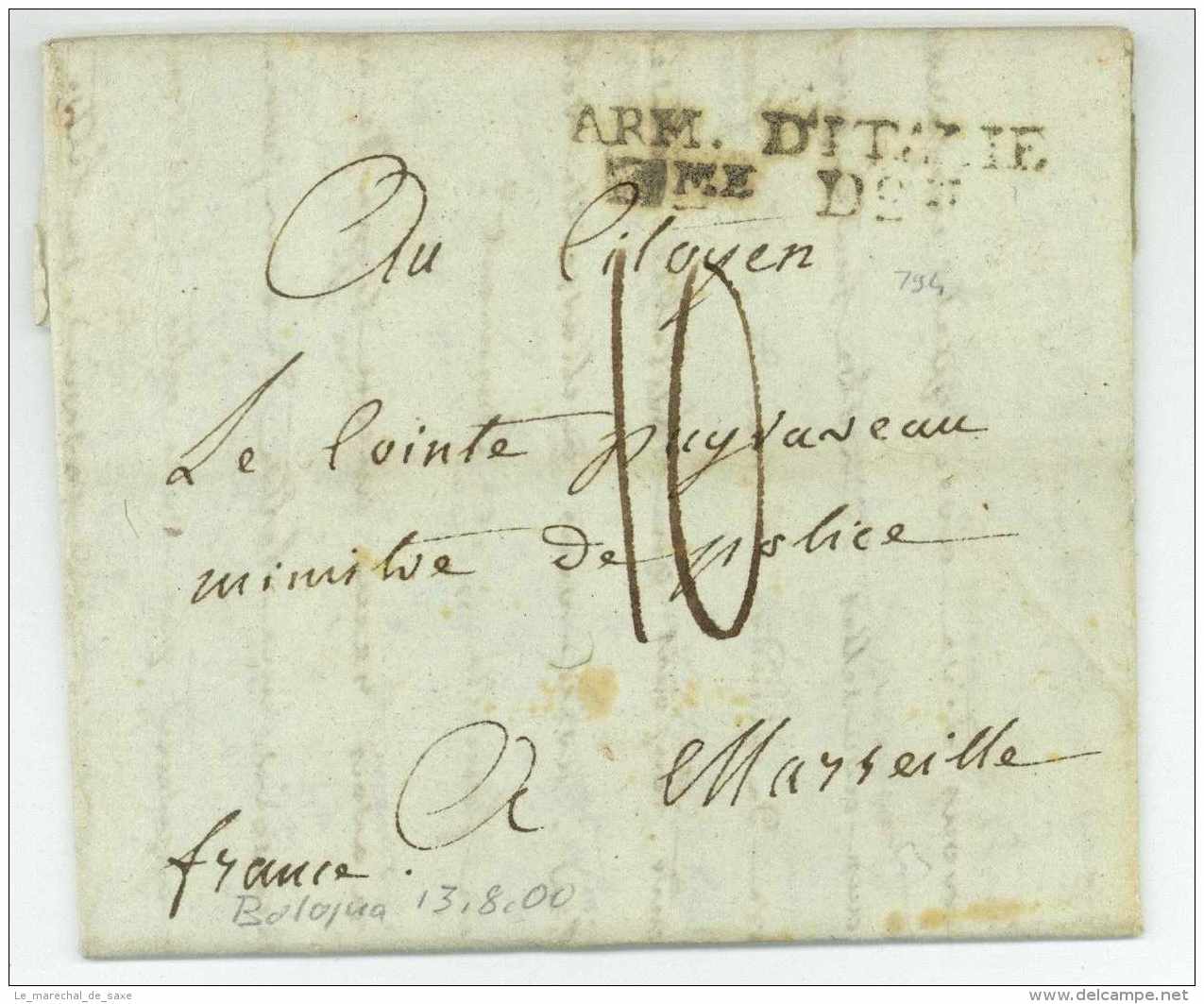 ARM. D'ITALIE 21ME D.ON - Pretre Emigre !!! - Bologna à Marseille 1800 - Army Postmarks (before 1900)