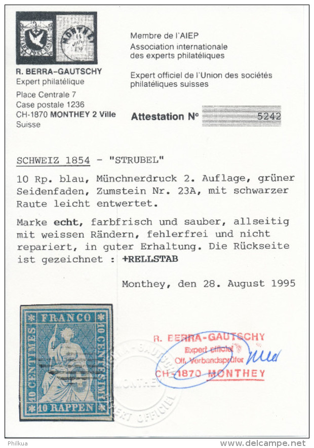 23A 10 Rappen Strubel Blau, Münchnerdruck 2. Auflage, Weissrandig Mit ATTEST: Berra-Gautschy - Usados