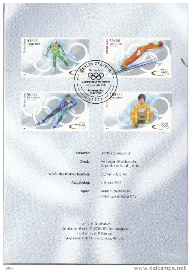 Germany Berlin 2002 / First Day Sheet / For Sport / OG Salt Lake City / Speed Skating, Ski Jumping, Luge, Biathlon - Winter 2002: Salt Lake City