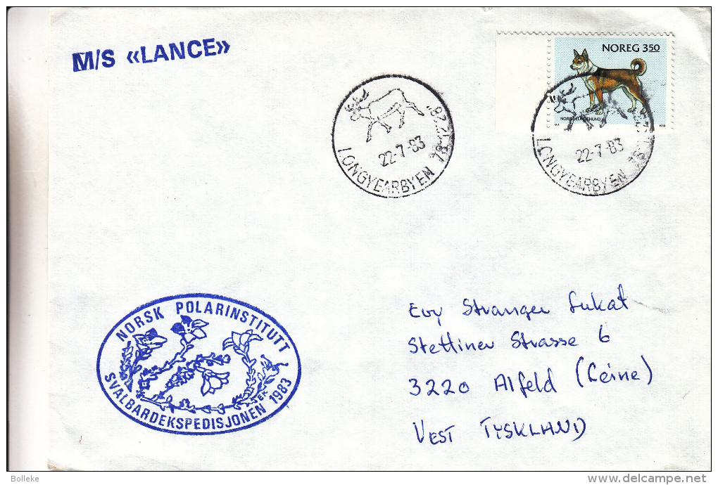 Philatélie Polaire - Norvège - Lettre De 1983 - Oblit Longyearbyen - Griffe M/S Lance - Expédition Svalbard - Rennes - Stations Scientifiques & Stations Dérivantes Arctiques