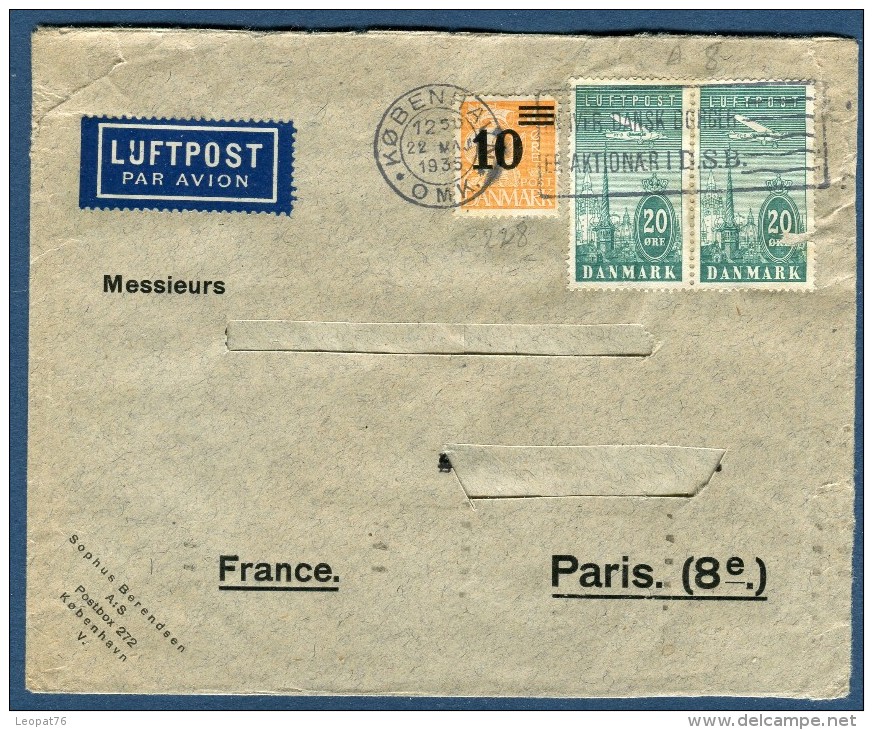 Danemark - Enveloppe De Copenhague Par Avion Pour La France En 1935 ( Adresse Découpée)  Réf. 982 - Lettres & Documents