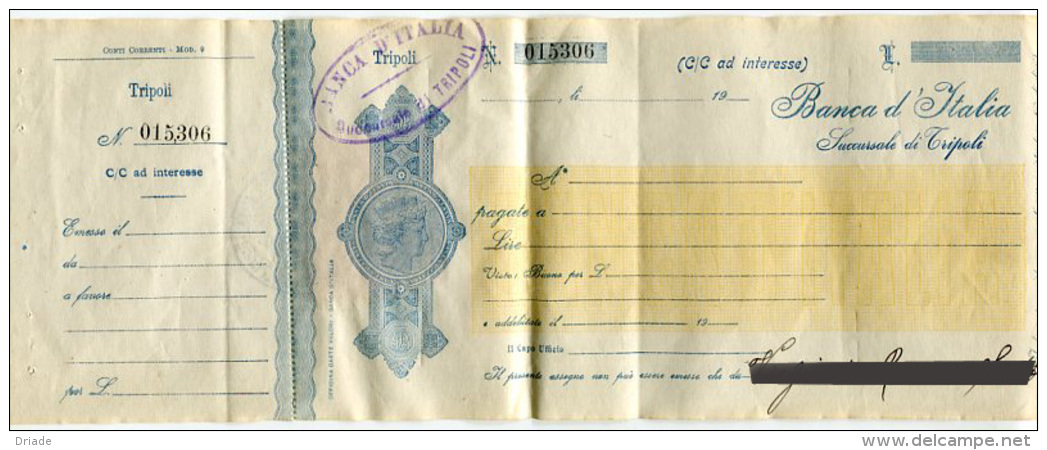 ASSEGNO BANCA D'ITALIA SUCCURSALE DI TRIPOLI ANNO 1923 CENT. 10 COLONIE ITALIANE TRIPOLITANIA - Chèques & Chèques De Voyage