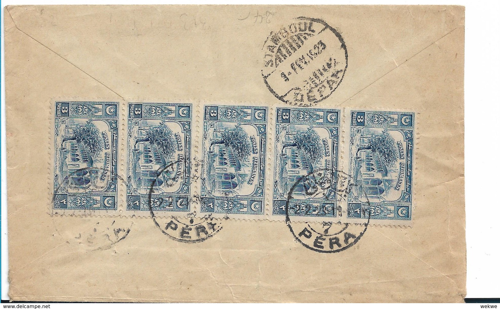 Tur107a / -  TÜRKEI -/ Pera - Paris Per Einschreiben 1923 Mit 5-er Streifen Frankiert - Lettres & Documents