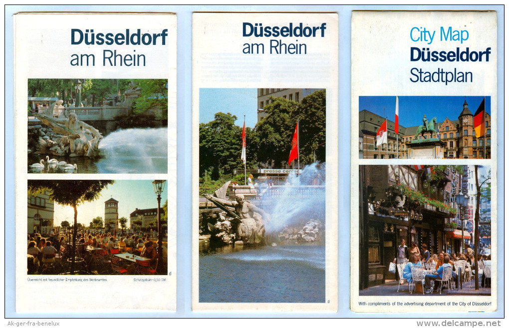 3 X Landkarte Gratis-/Werbe-Stadtplan Düsseldorf 1980er Nordrhein-Westfalen NRW Landkarten Stadtpläne Deutschland Map - Maps Of The World