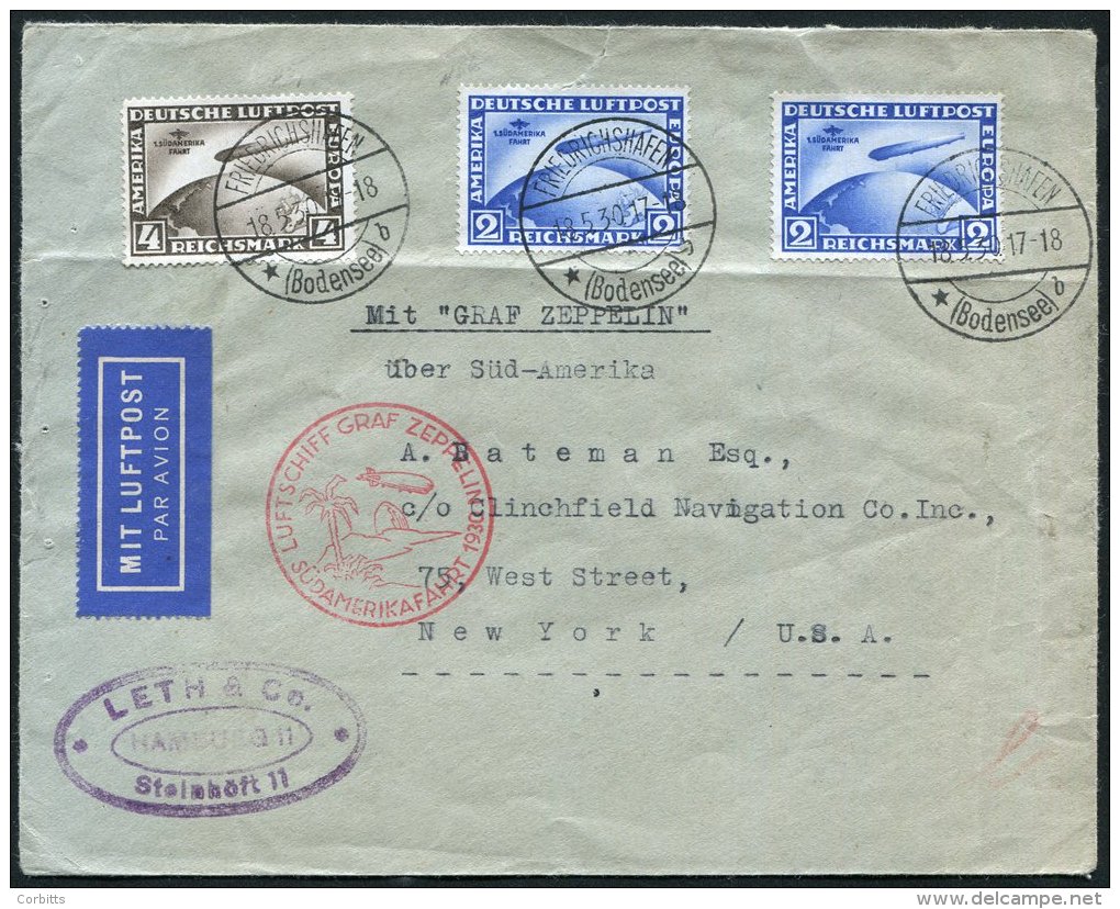 1930 South America Flight Cover To New York Franked 2m (2) &amp; 4m Zeppelins, Tied By Friedrichshafen Pick Up C.d.s's & - Autres & Non Classés