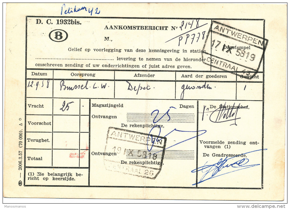 529/24 - Carte SNCB - RARE Affranchissement Mixte TP Service Et Poste - Gare De ANTWERPEN Centraal 1958 - Brieven En Documenten