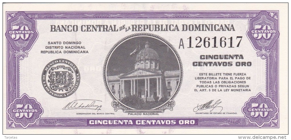 BILLETE DE REP. DOMINICANA DE 50 CENTAVOS ORO DEL AÑO 1961 (BANKNOTE) SIN CIRCULAR-UNCIRCULATED - Dominikanische Rep.