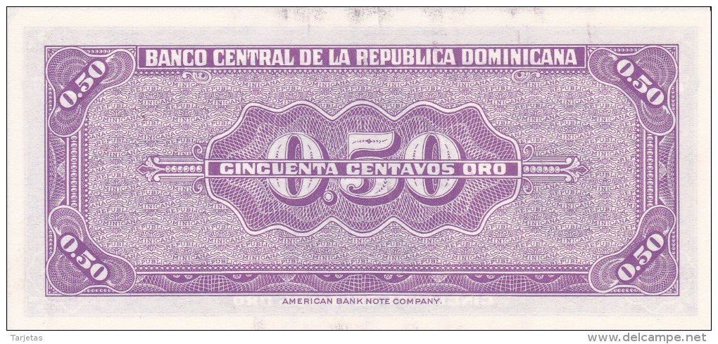 BILLETE DE REP. DOMINICANA DE 50 CENTAVOS ORO DEL AÑO 1961 (BANKNOTE) SIN CIRCULAR-UNCIRCULATED - Dominikanische Rep.