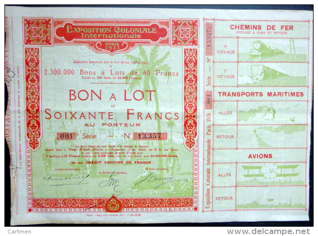 BON A LOT  DE SOIXANTE FRANCS  EXPOSITION COLONIALE DE 1931 BIEN ILLUSTREE - Transport