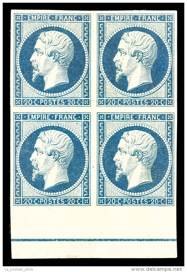 ** N°14Ai, 20c Bleu Laiteux Bord De Feuille Inférieur Avec Liseret D'encadrement (2ex*), Fraîcheur... - 1853-1860 Napoleon III