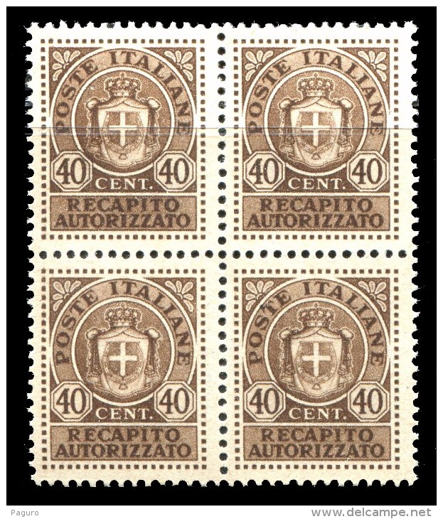 REGNO Luogotenenza 1945 1946 Recapito Autorizzato Quartina Cent. 40 C. MNH ** Integra - Autorisierter Privatdienst