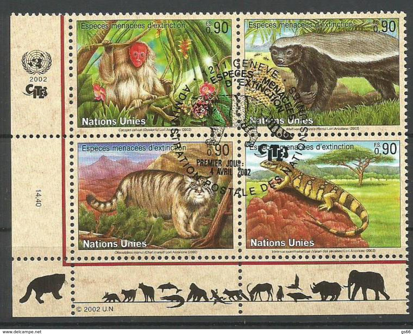 UNO-Genf, 2002, 434/37,  Gefährdete Arten (X): Fauna. Used First Day - Used Stamps